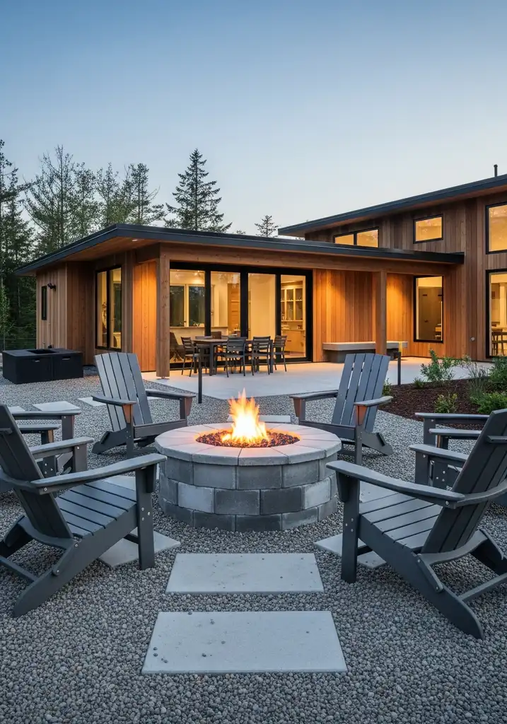 Modern concrete paver fire pit surrounded by Adirondack chairs