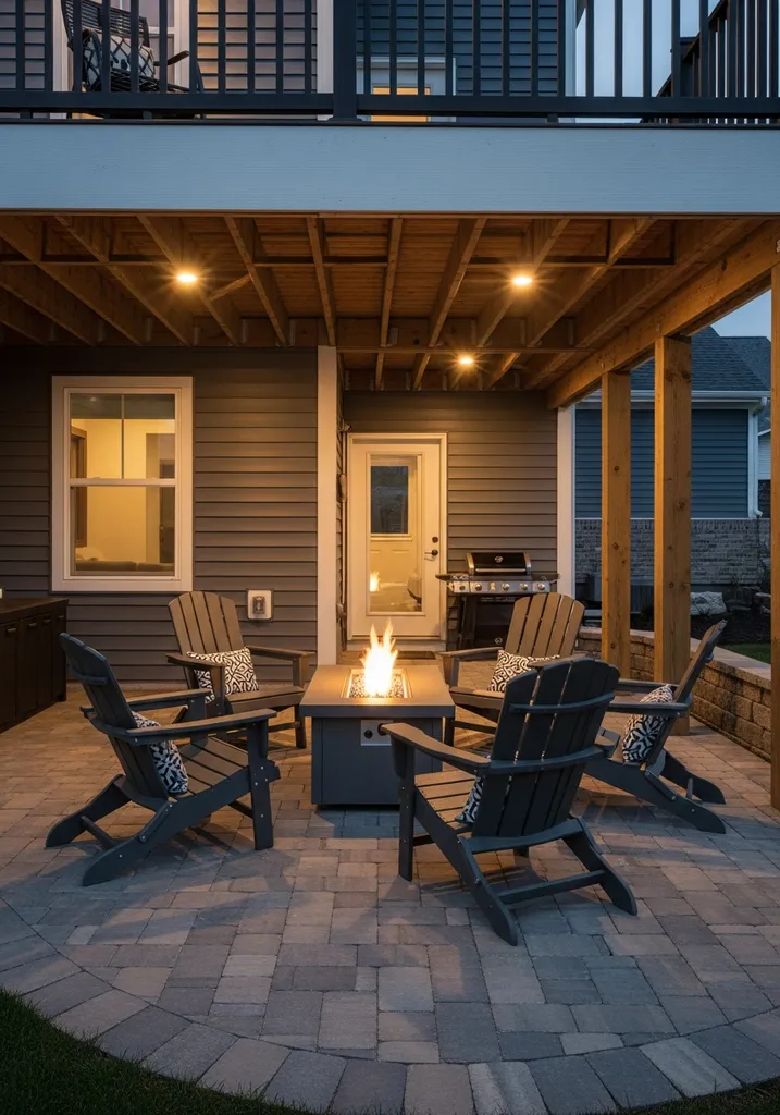 Under-deck fire pit gathering spot with Belgard pavers