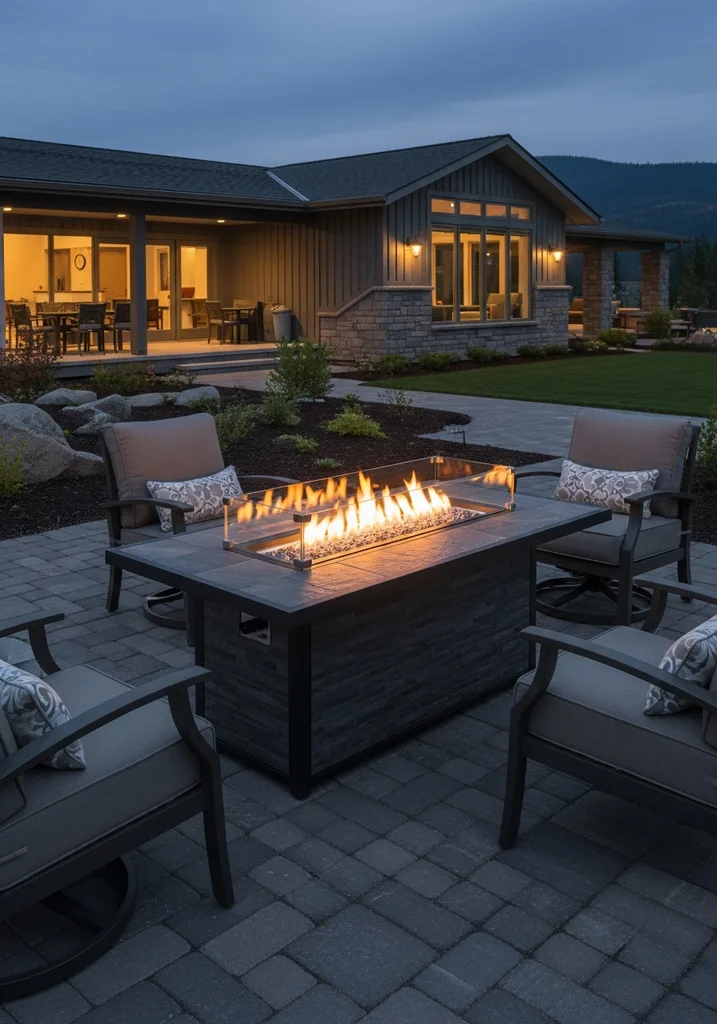 Modern gas fire pit table with chairs.
