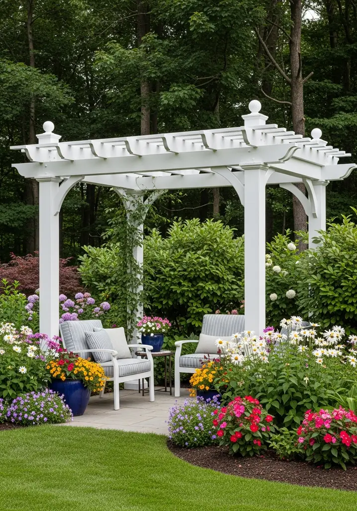 White freestanding garden pergola creating a focal point in a lush garden.