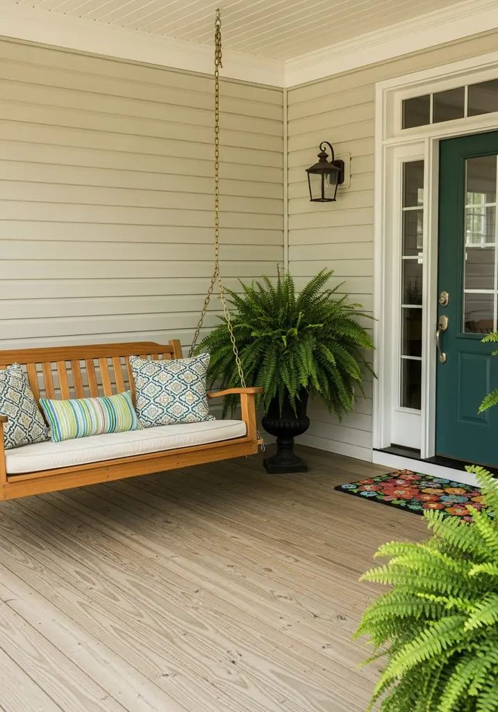 Inviting front porch with a wooden swing and potted plants