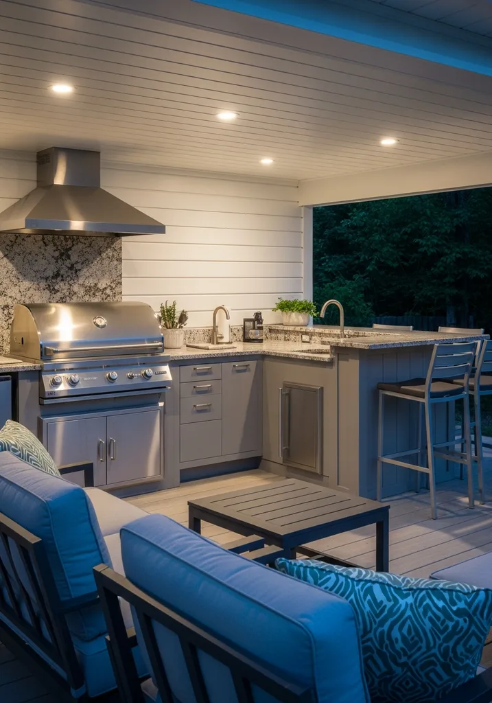 Under-deck outdoor kitchen with Weber grill and granite counters