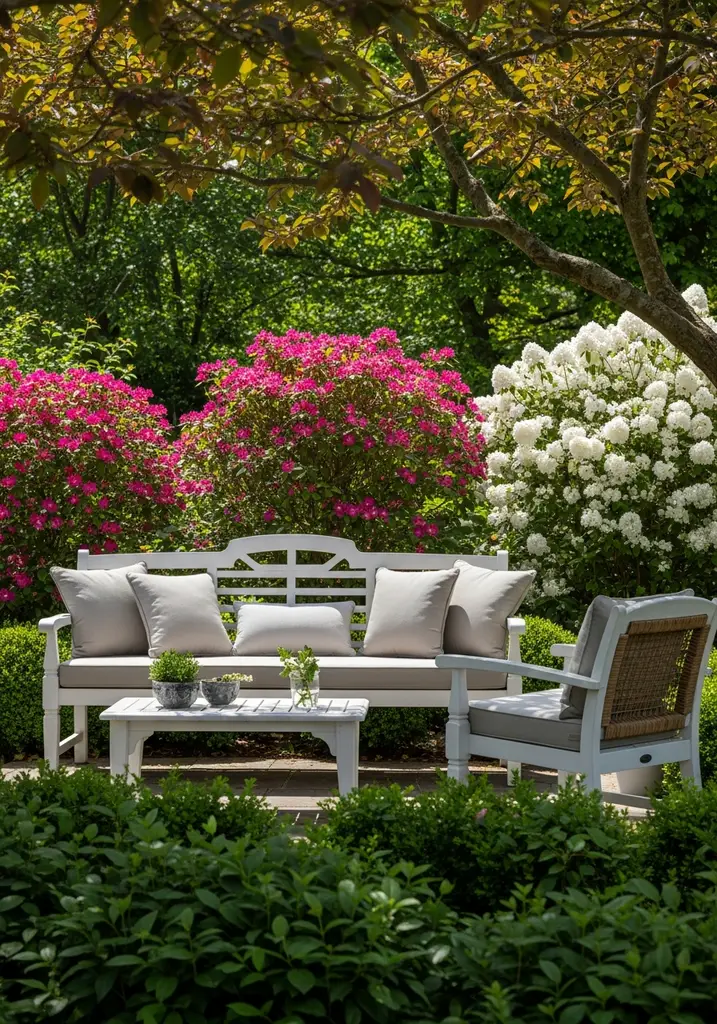 White wooden garden bench in a colorful garden.