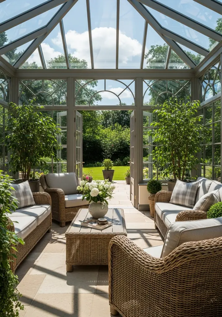 Glass garden room conservatory with plants and seating.
