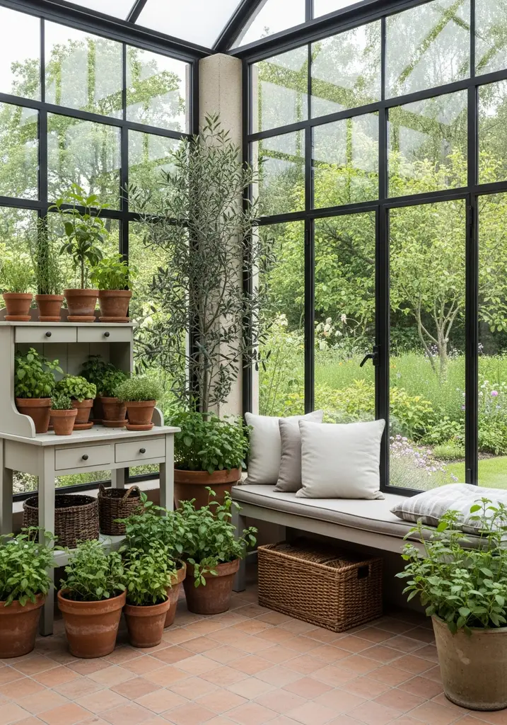 Glass garden room filled with plants and a comfortable bench