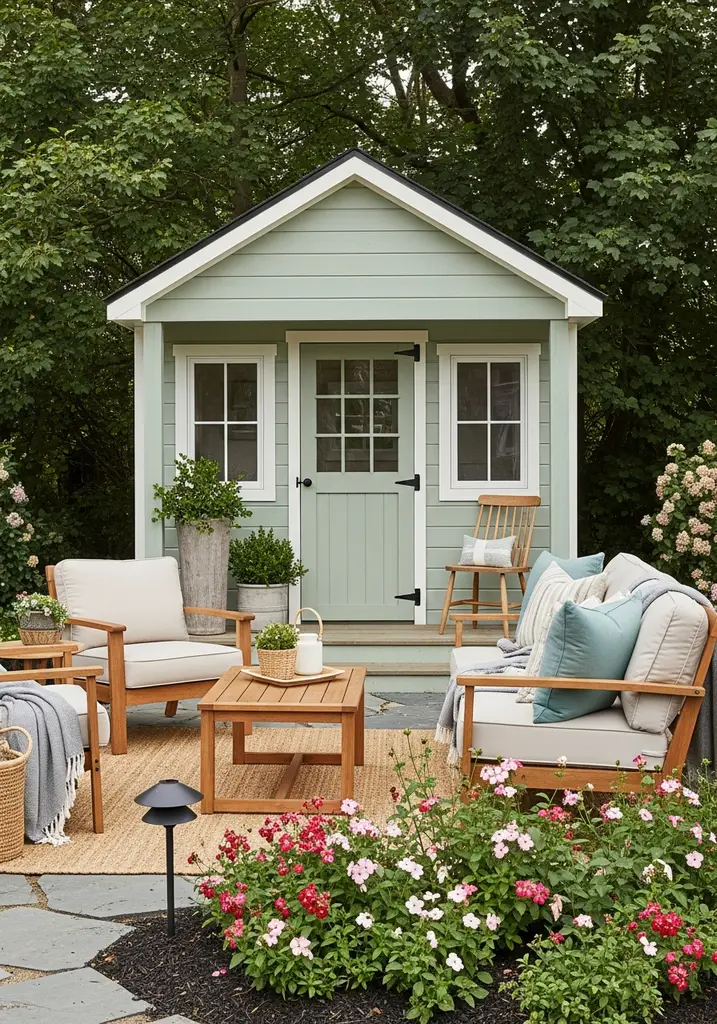 Sage green garden room with porch and flowers