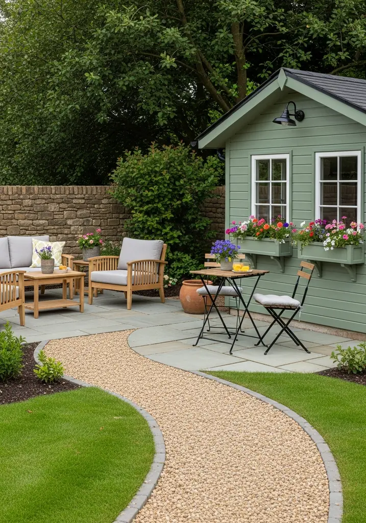 Charming garden shed with an attached small stone patio and bistro set