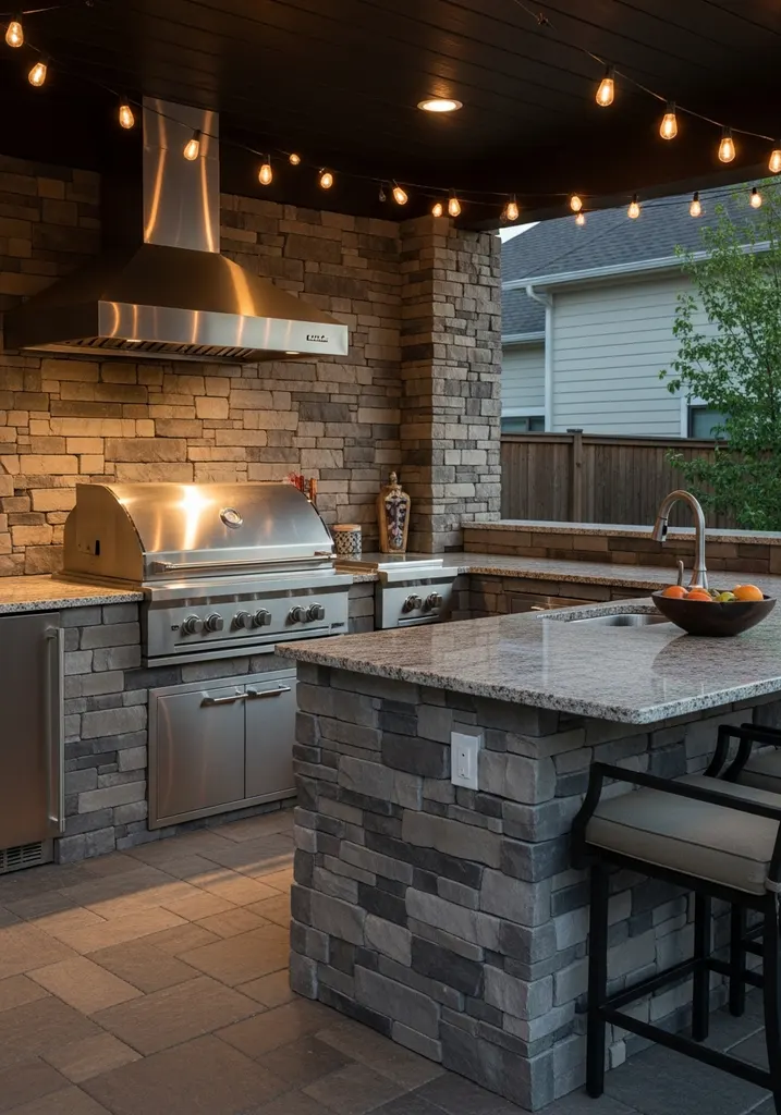 Gourmet outdoor kitchen with grill, island, and bar seating.
