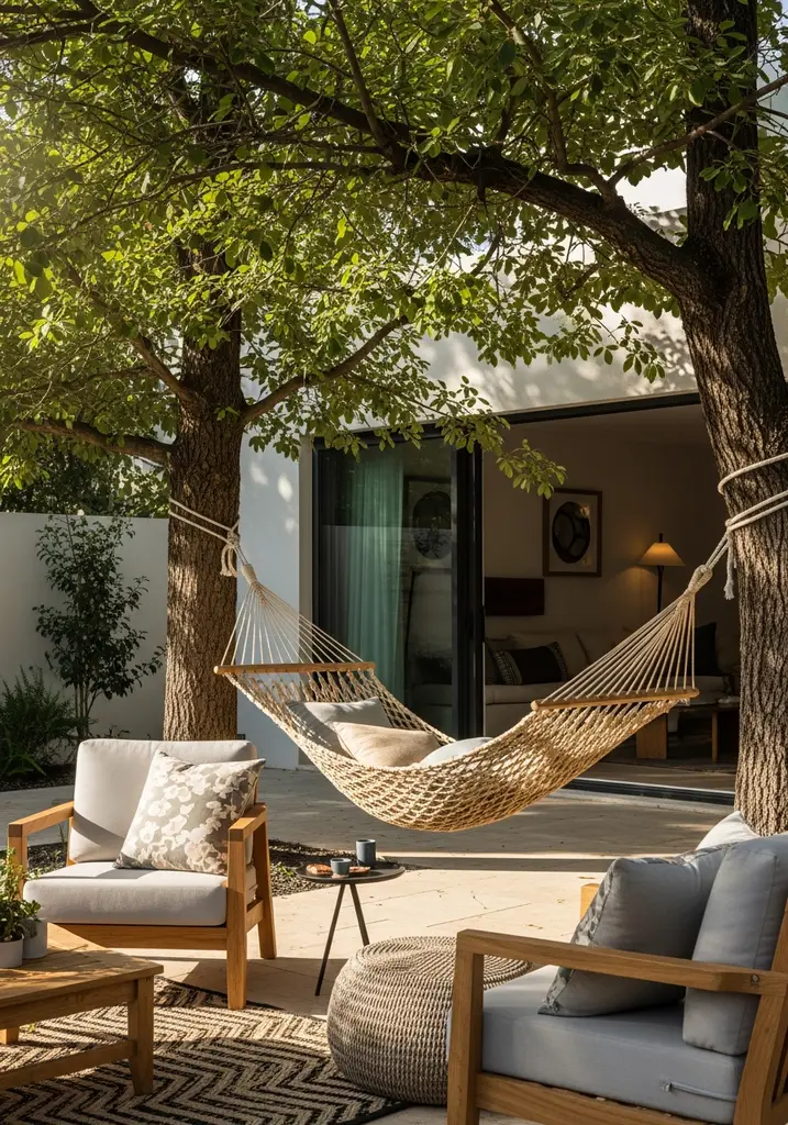 Woven fabric hammock in a shaded garden