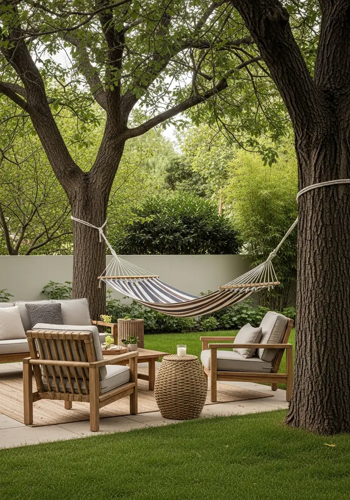 Striped fabric hammock hanging between two trees in a garden