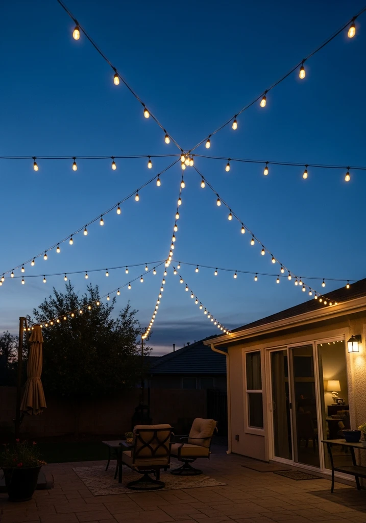 Backyard patio illuminated by crisscrossing string lights at twilight