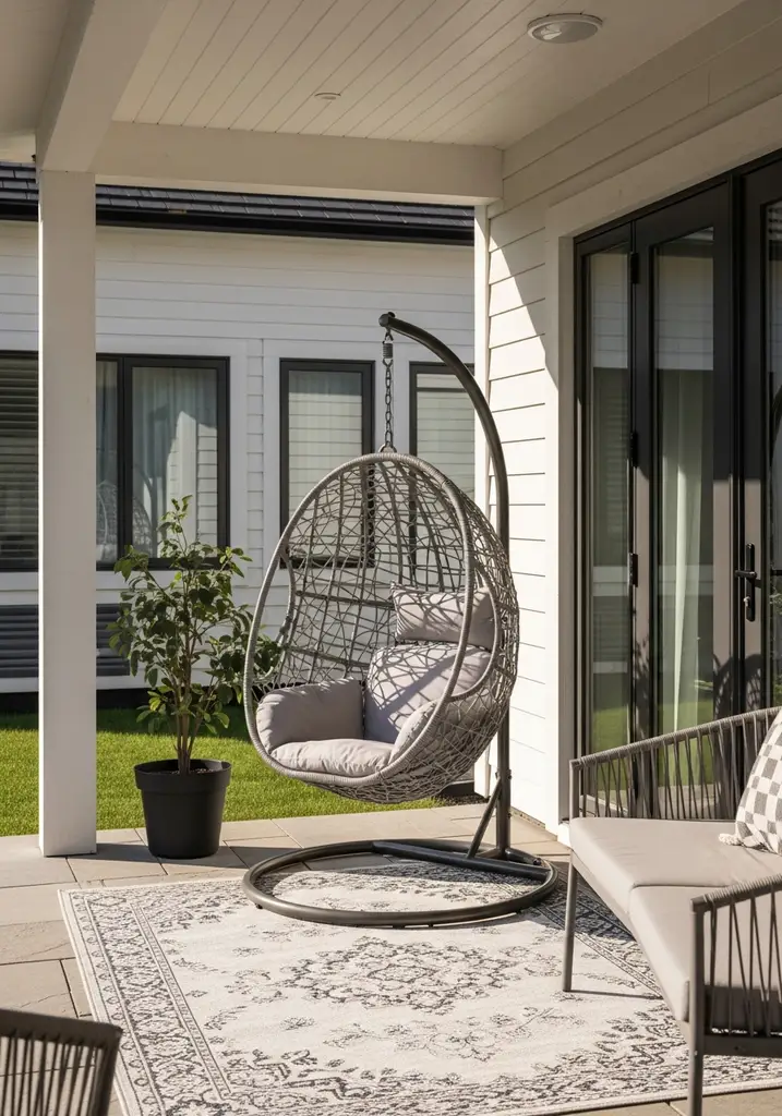 Hanging egg chair on a covered patio.