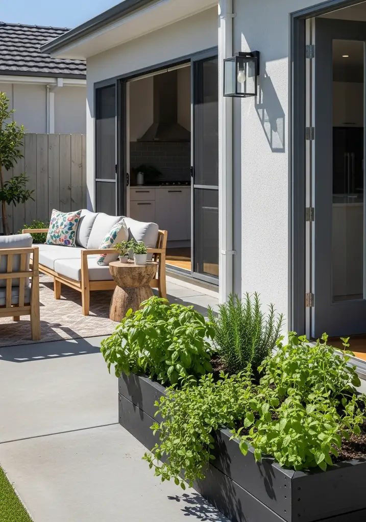 Raised garden bed filled with fresh culinary herbs.