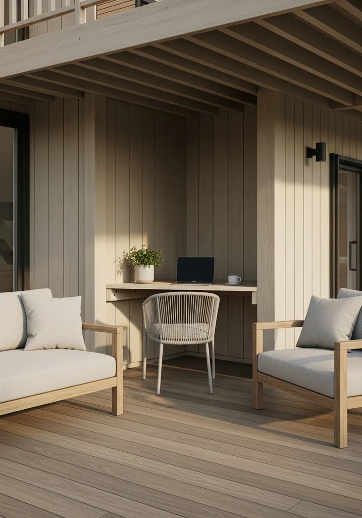 Under-deck home office nook with weather-resistant desk