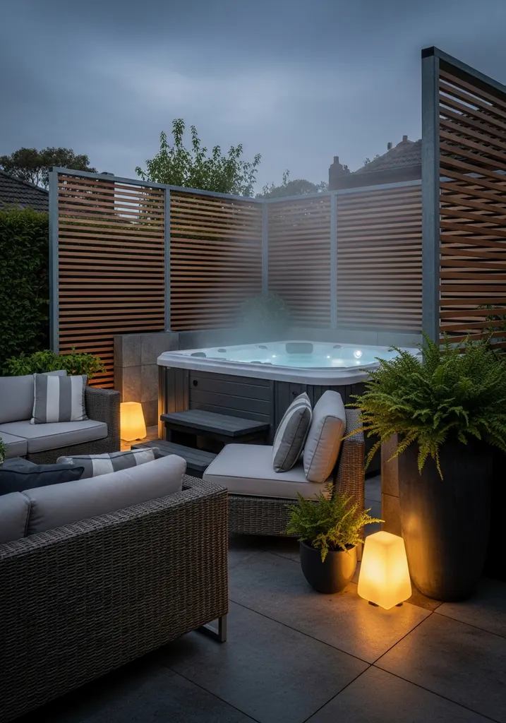 Secluded hot tub and spa nook with privacy screens and ambient lighting