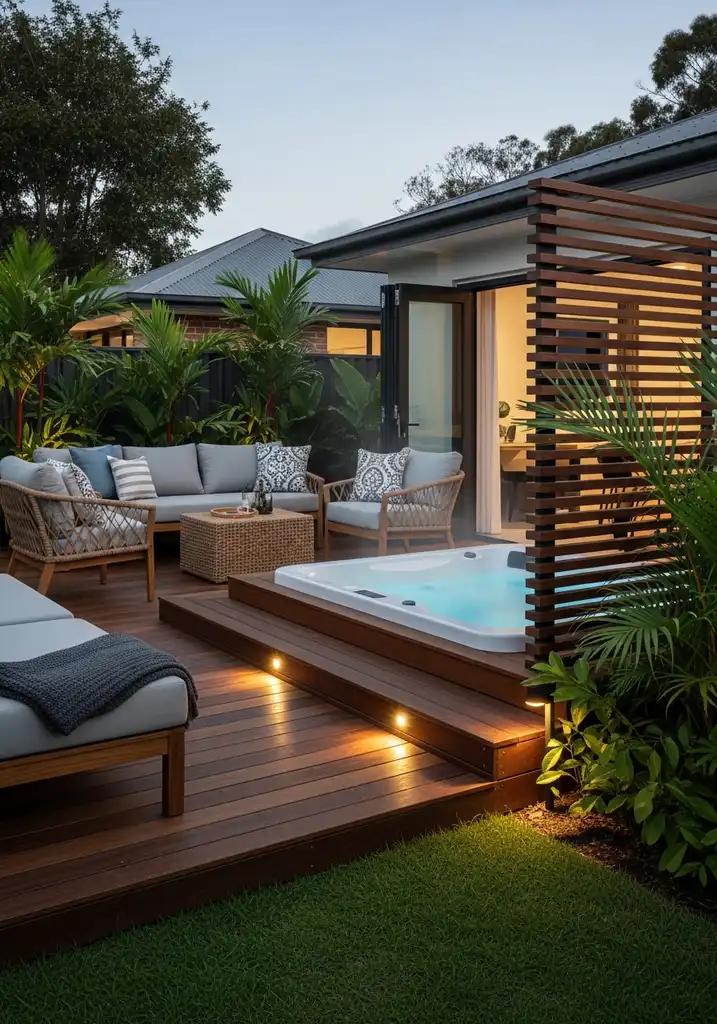 Modern outdoor hot tub set in a wooden deck with privacy screen and lush plants