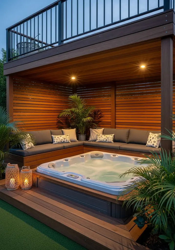 Under-deck hot tub sanctuary with privacy screens