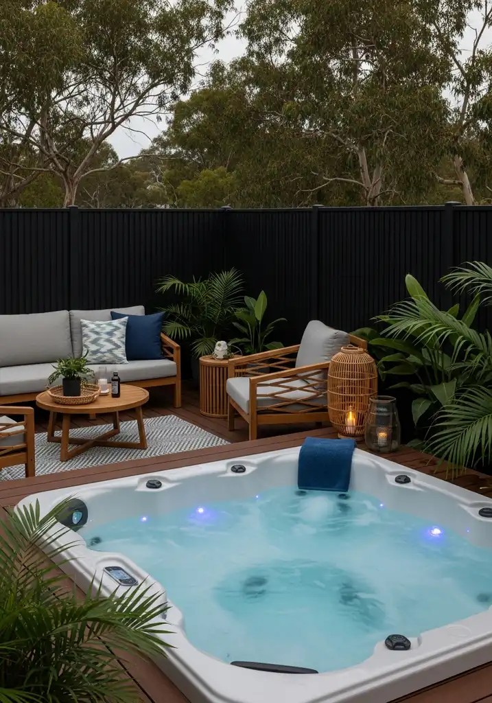 Luxurious hot tub spa zone with privacy screens and accent lighting