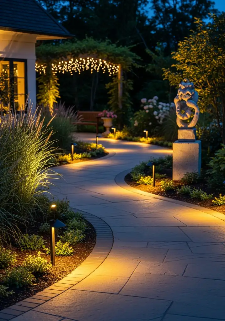 Illuminated garden pathway with accent lights and string lights