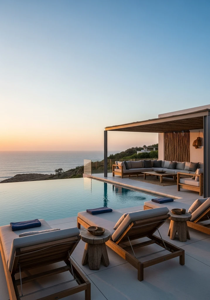 Infinity edge pool with a vanishing edge, offering panoramic ocean views at sunset.