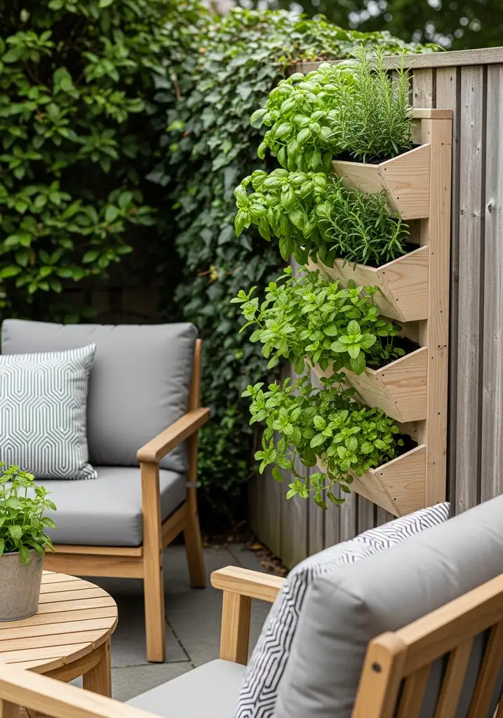 Wooden vertical herb garden on a fence