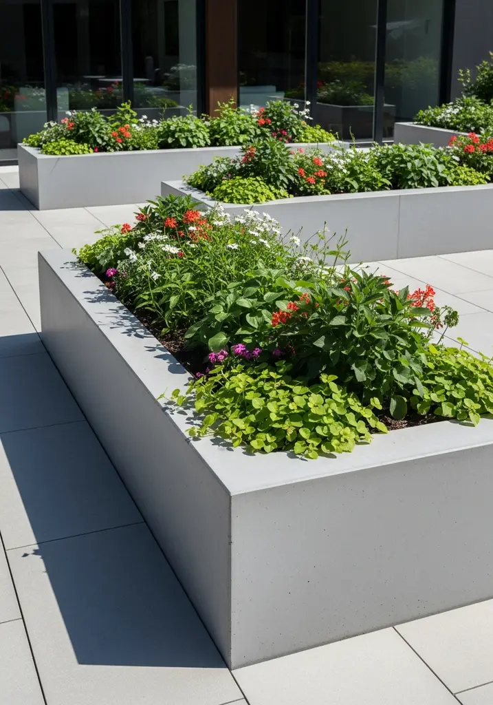 Modern patio with integrated concrete planters filled with colorful plants