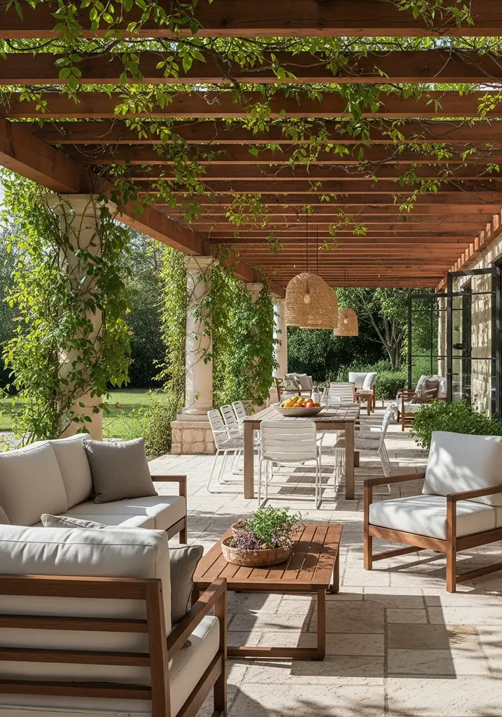 Wooden pergola with climbing plants over an outdoor dining area