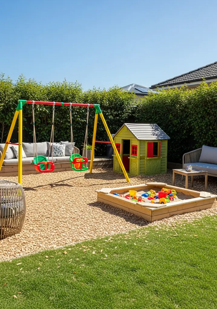 Colorful kid-friendly play zone with swing set and sandbox