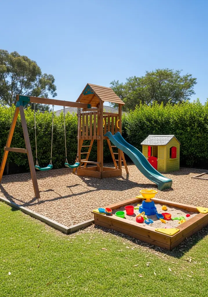 Kids' adventure zone with swing set, slide, and sandpit