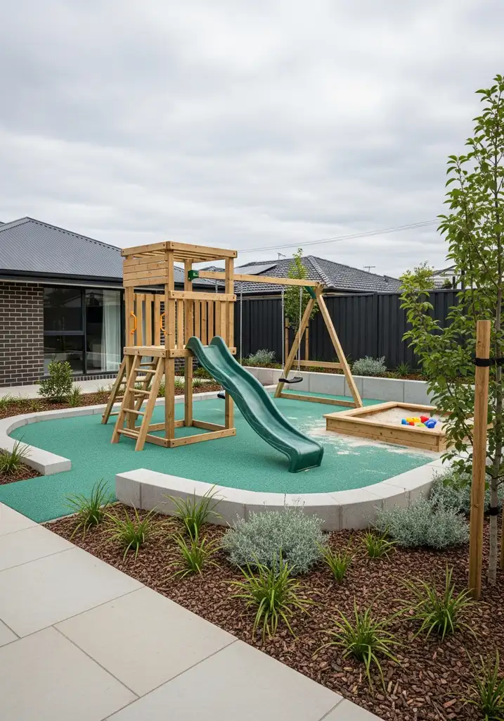 Stylish kids' play zone with wooden climbing frame and sandpit