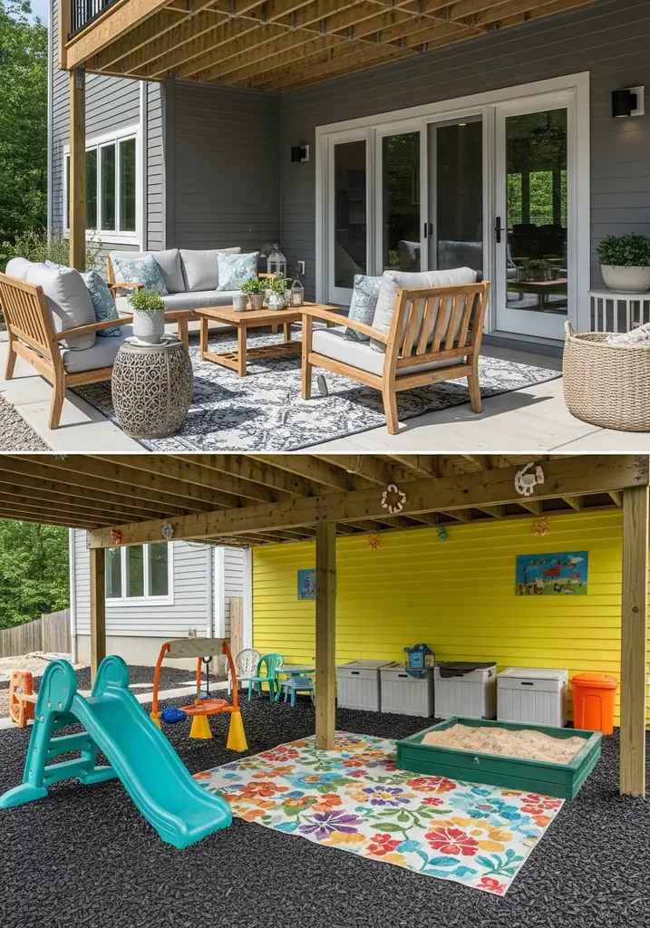 Under-deck kids' play zone with sandbox and rubber mulch
