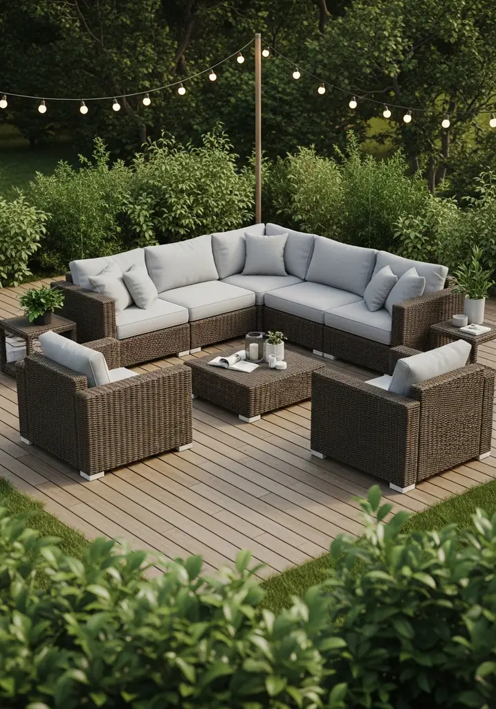 Outdoor wicker lounge furniture set on a deck with cushions.