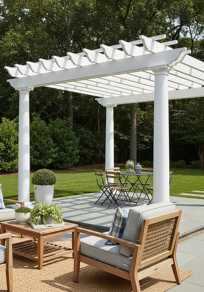 White vinyl pergola offering a classic, low-maintenance outdoor structure.