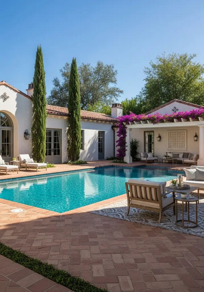 Mediterranean style outdoor living space with a rectangular pool, terracotta pavers, stucco walls, and a bougainvillea-covered pergola.