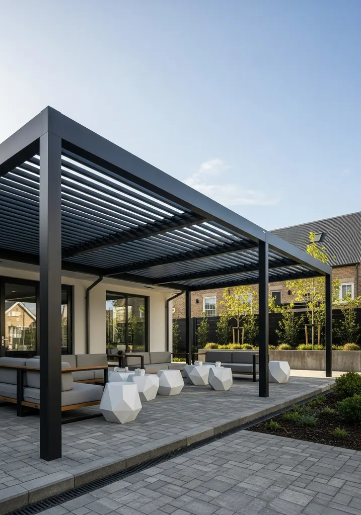 Modern black aluminum pergola defining a contemporary outdoor living space.