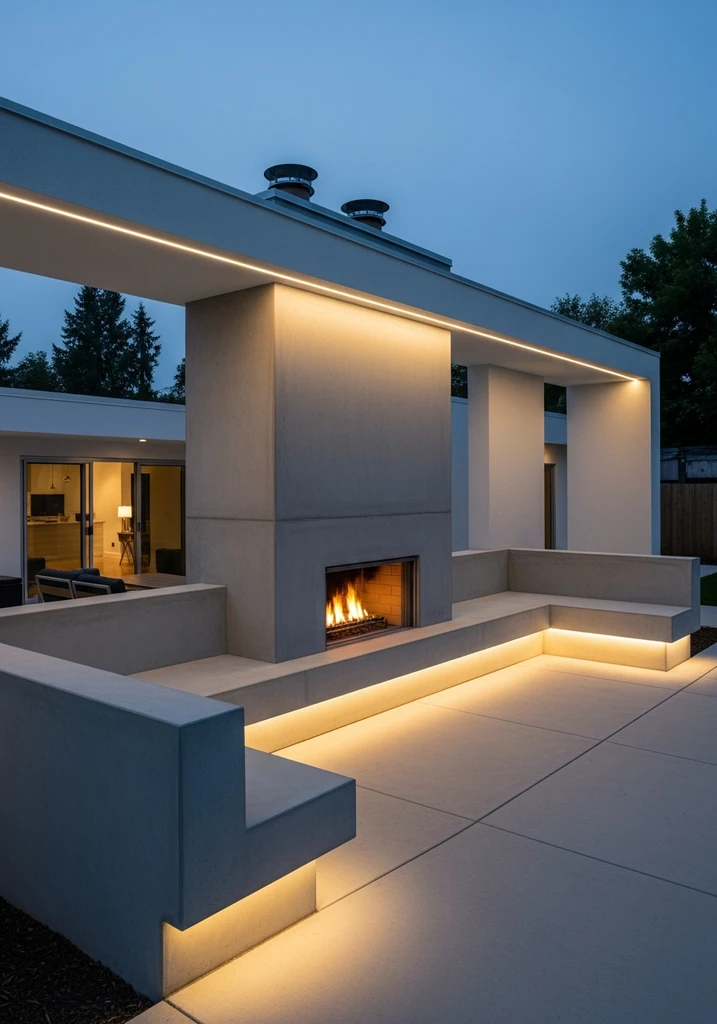 Modern concrete outdoor fireplace with integrated seating