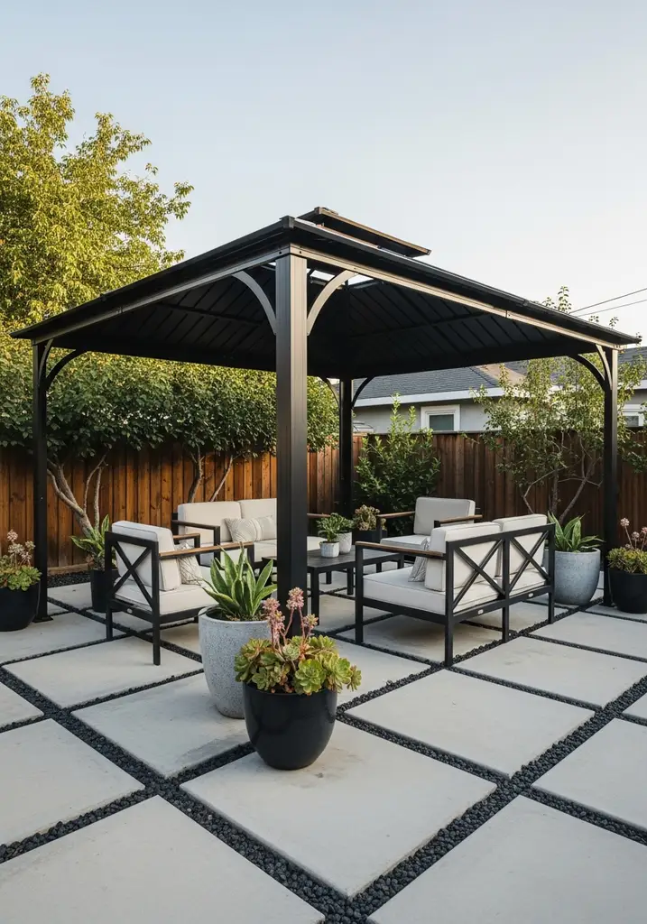 Modern black metal gazebo on a contemporary patio