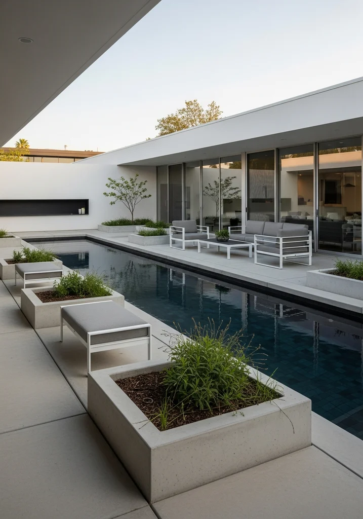 Modern minimalist outdoor living space with a dark-tiled rectangular pool, concrete decking, and geometric planters.