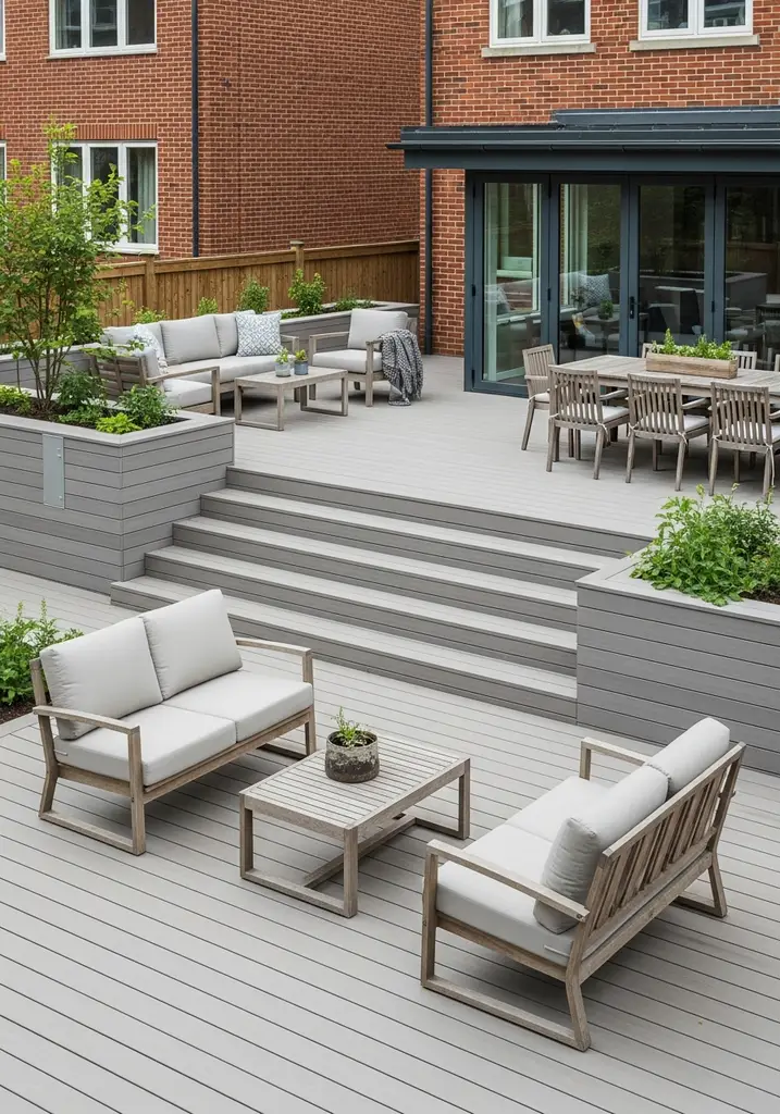 Modern multi-level composite deck with distinct zones