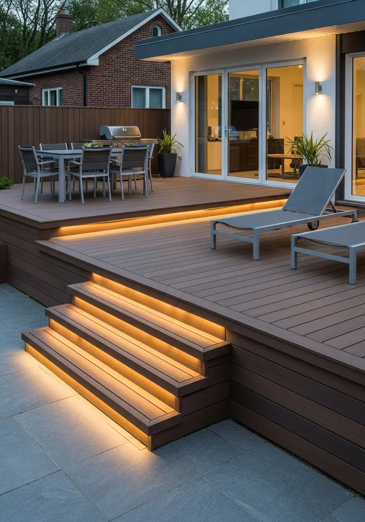 Multi-level composite deck with dining and lounge areas