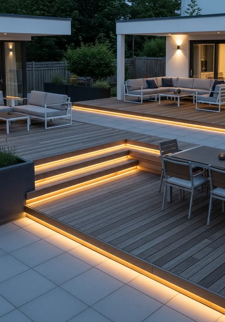 Multi-level wooden deck with integrated lighting and separate activity zones
