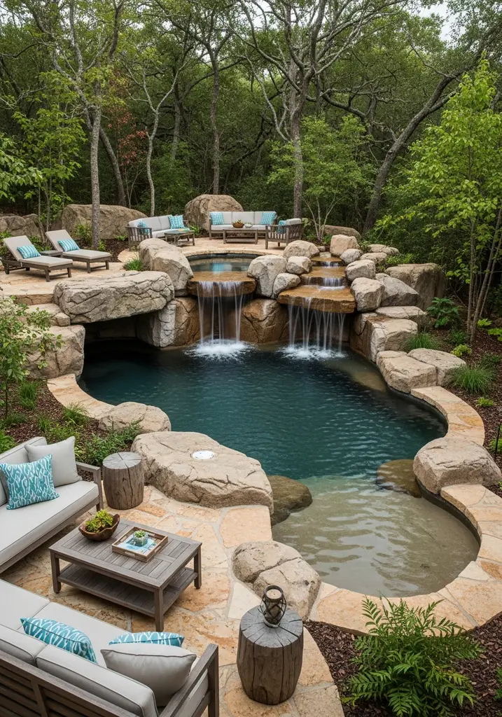 Natural rock lagoon style pool with large boulders, waterfall, and lush native plants.