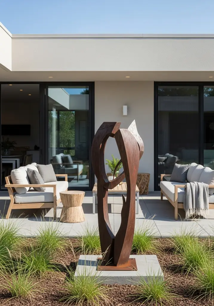 Modern abstract metal sculpture in a minimalist outdoor garden