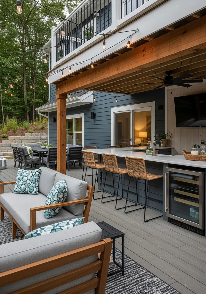 Under-deck outdoor bar with Trex countertop and string lights