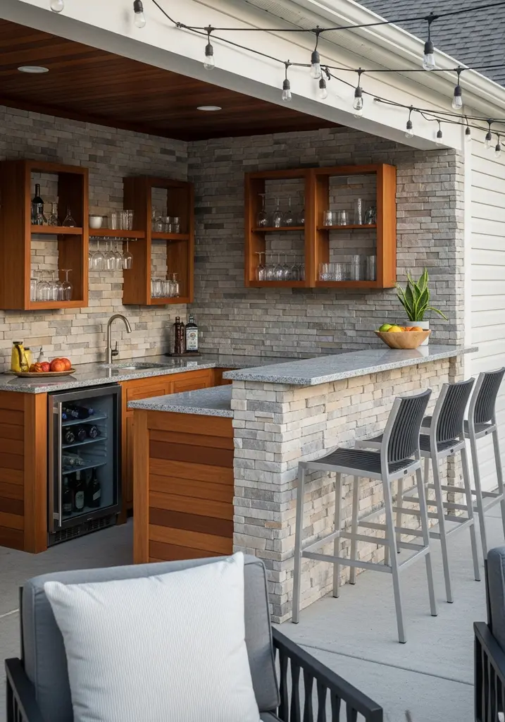 Outdoor bar with stone counter, bar stools, and string lights