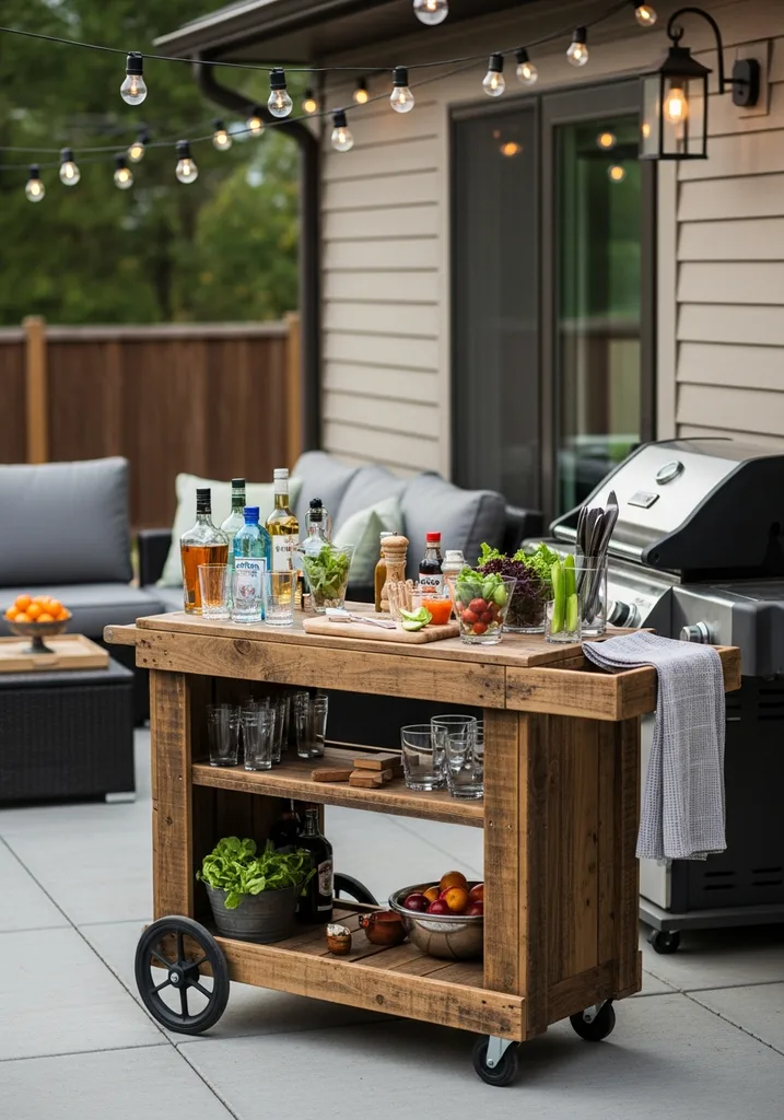 Rustic outdoor bar cart on a patio.