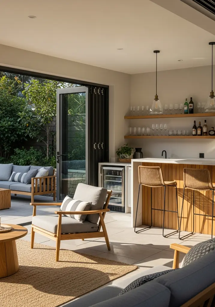Stylish outdoor bar with built-in counter and refrigerator