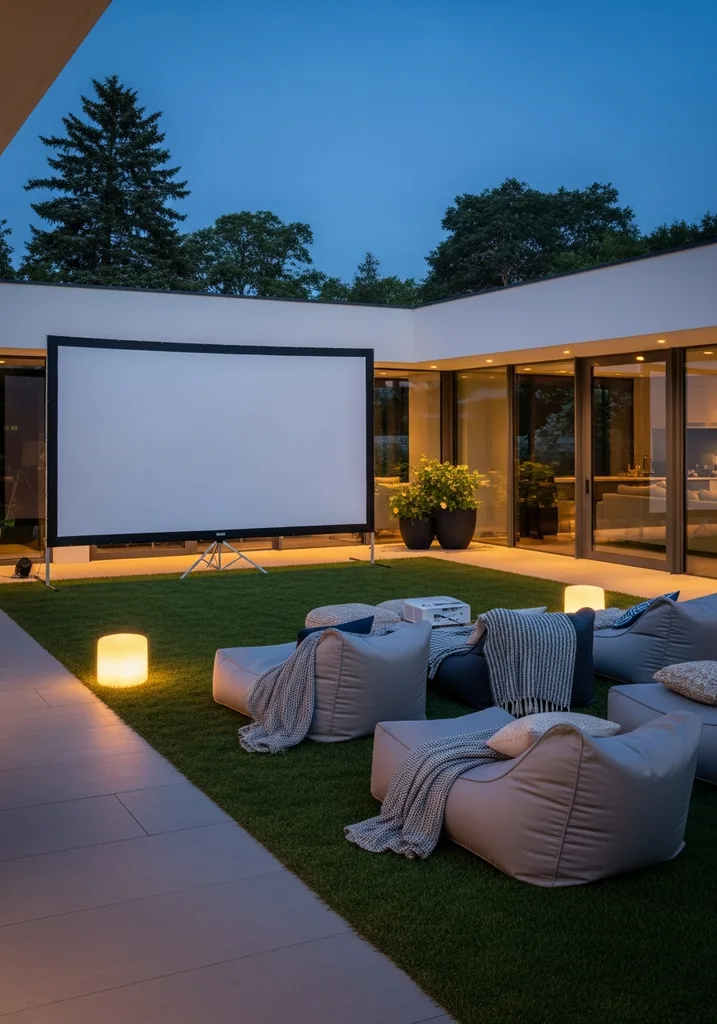 Outdoor cinema with large screen, lounge seating, and smart lighting