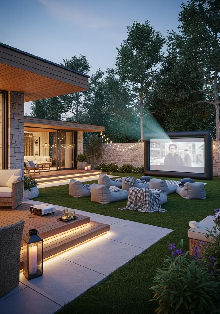Outdoor cinema with inflatable screen and bean bag chairs