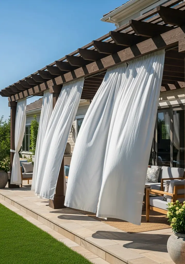Elegant white outdoor curtains hanging from a patio pergola.